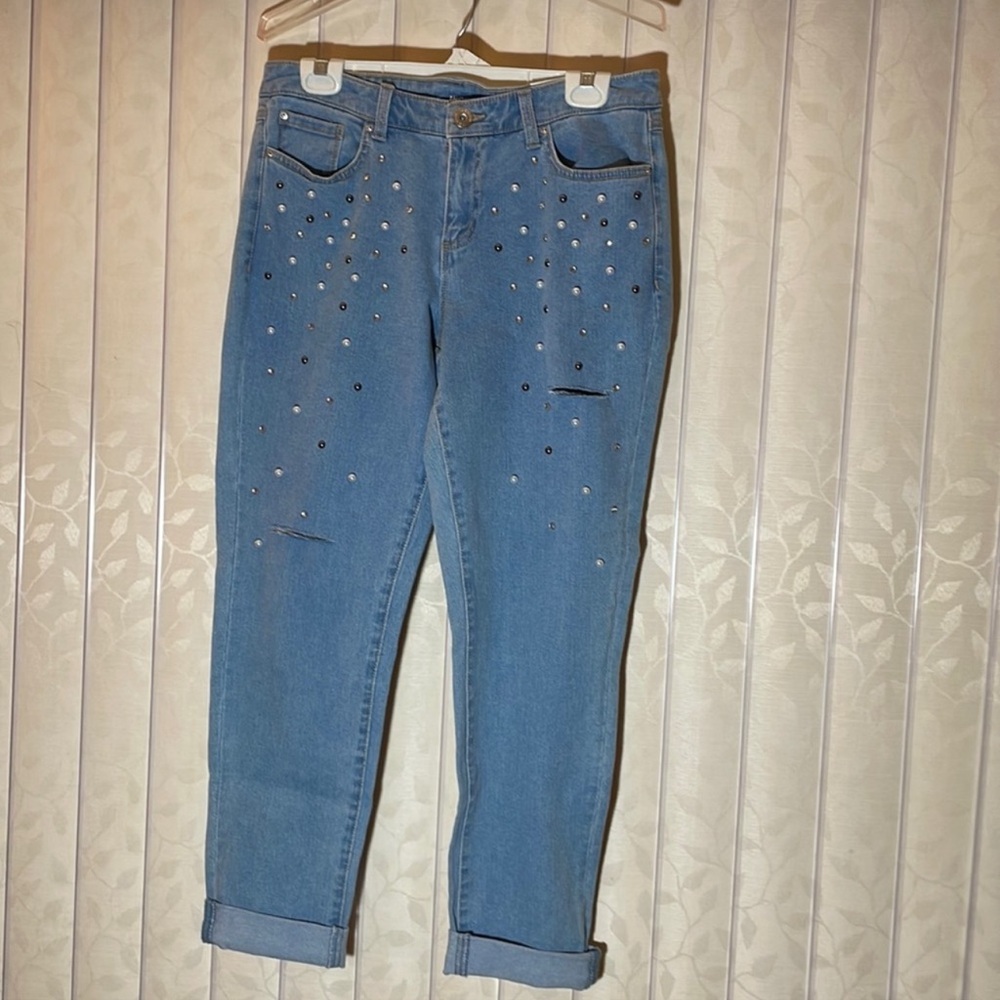 Womens INC jeans size 8/29 bling pearl blue jeans 8 / 29 straight midrise jeans